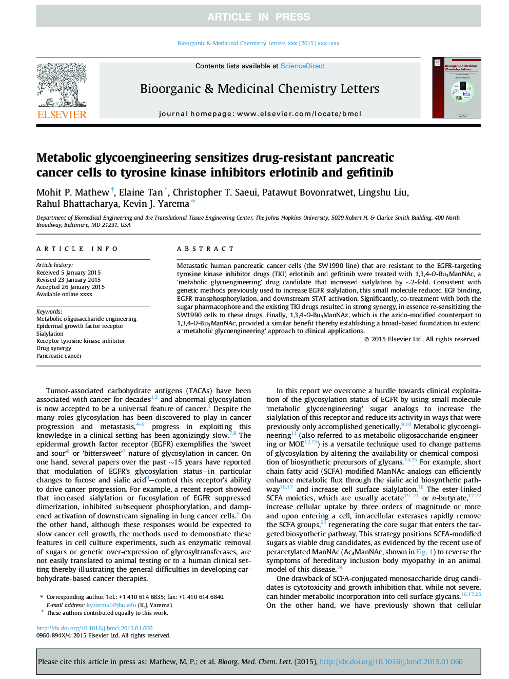 Metabolic glycoengineering sensitizes drug-resistant pancreatic cancer cells to tyrosine kinase inhibitors erlotinib and gefitinib