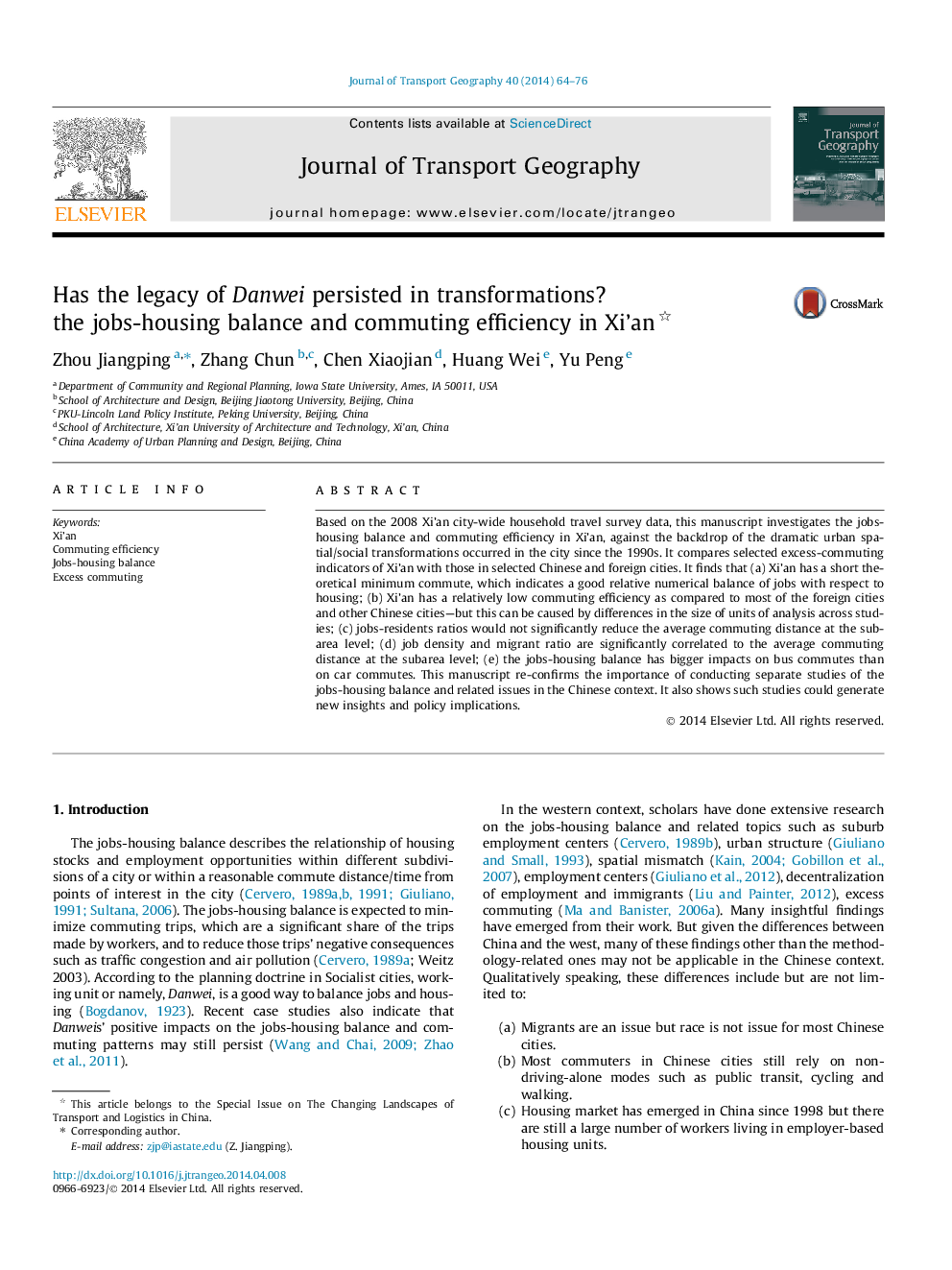 Has the legacy of Danwei persisted in transformations? the jobs-housing balance and commuting efficiency in Xi’an 