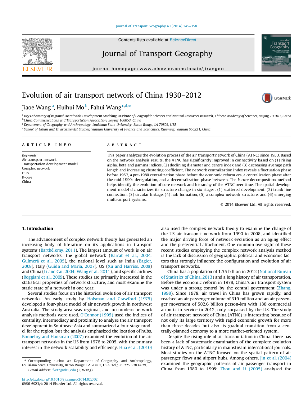 Evolution of air transport network of China 1930–2012