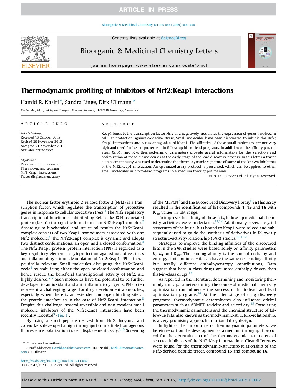 Thermodynamic profiling of inhibitors of Nrf2:Keap1 interactions