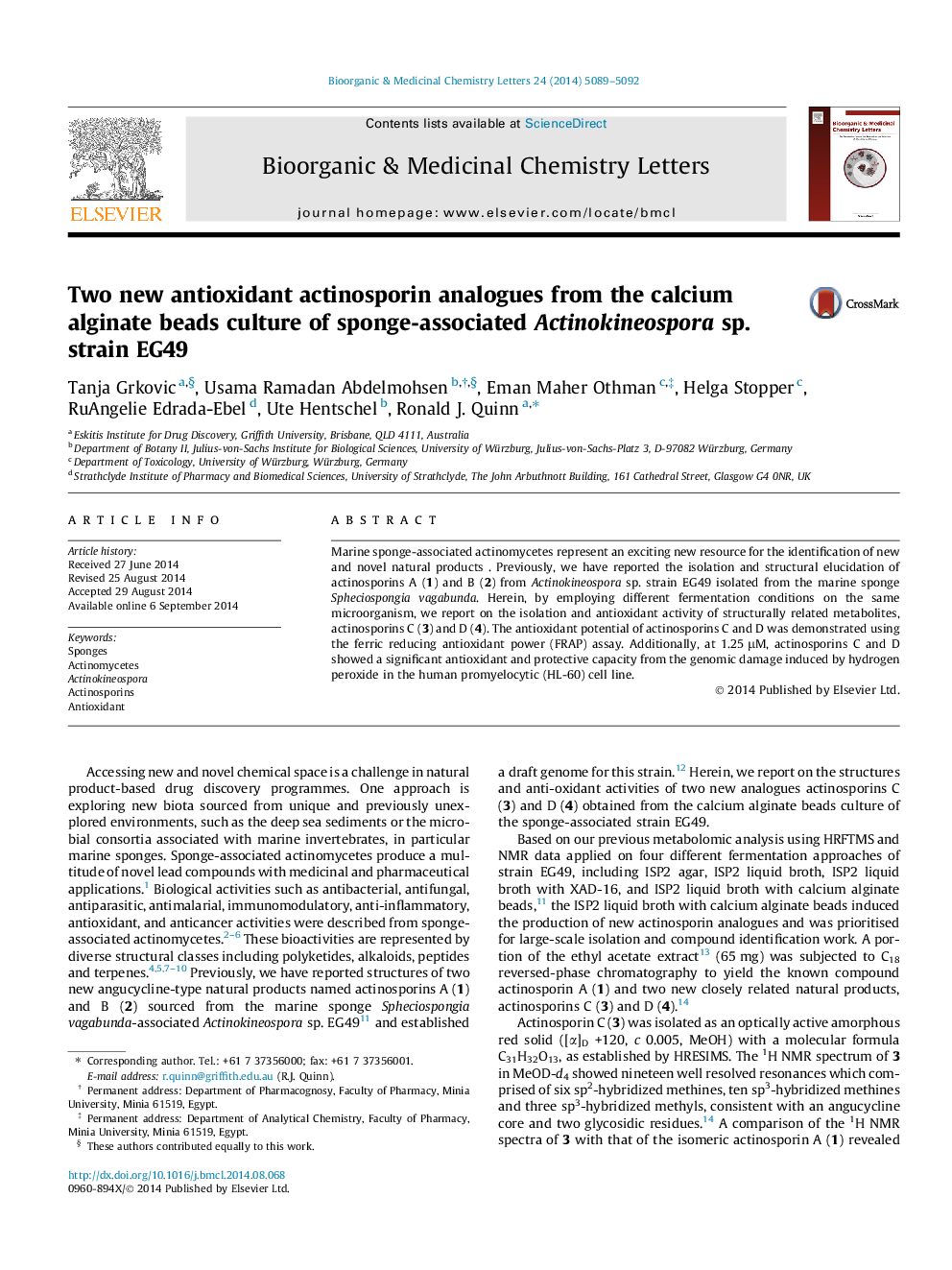 Two new antioxidant actinosporin analogues from the calcium alginate beads culture of sponge-associated Actinokineospora sp. strain EG49