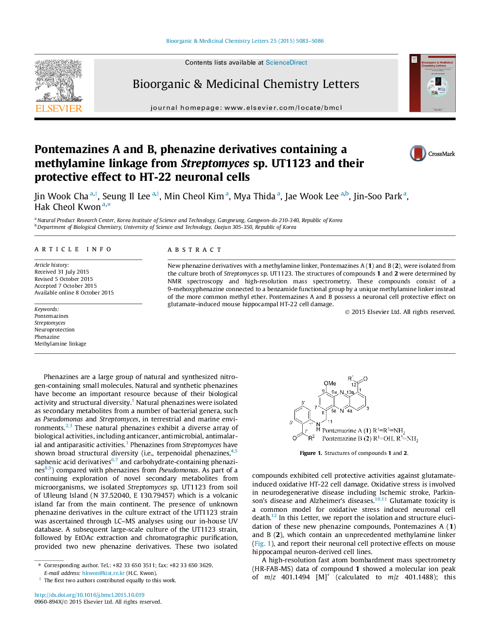 Pontemazines A and B, phenazine derivatives containing a methylamine linkage from Streptomyces sp. UT1123 and their protective effect to HT-22 neuronal cells