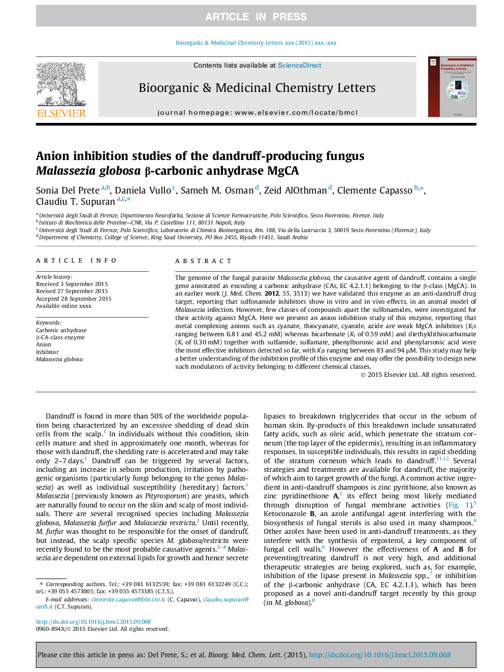 Anion inhibition studies of the dandruff-producing fungus Malassezia globosa Î²-carbonic anhydrase MgCA