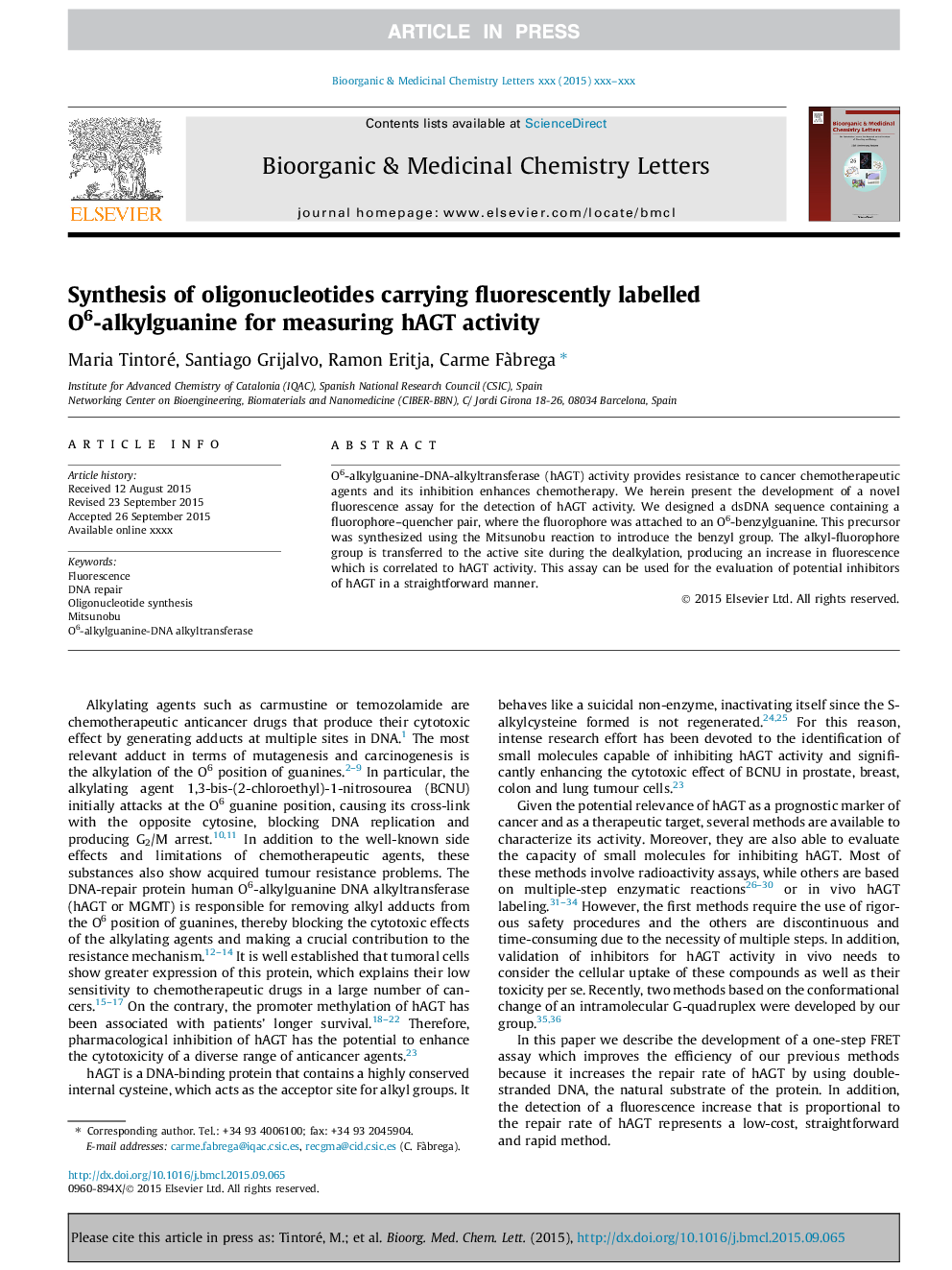 Synthesis of oligonucleotides carrying fluorescently labelled O6-alkylguanine for measuring hAGT activity