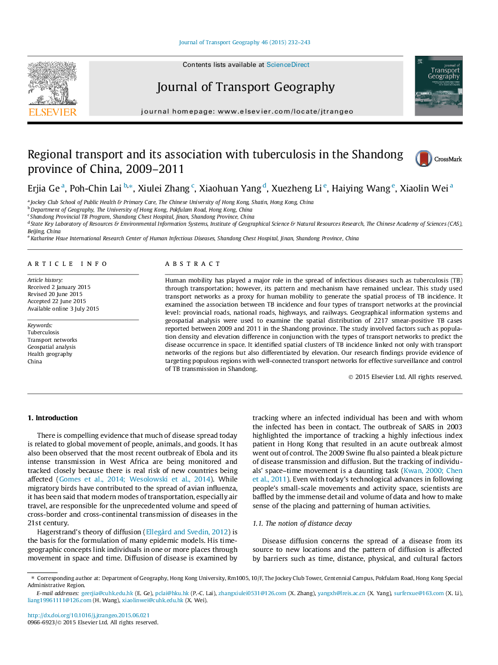 Regional transport and its association with tuberculosis in the Shandong province of China, 2009–2011