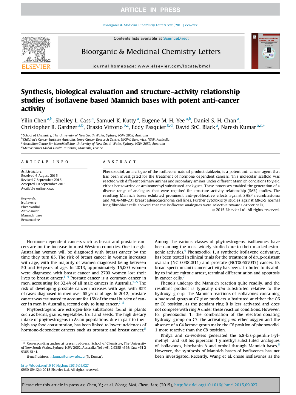 Synthesis, biological evaluation and structure-activity relationship studies of isoflavene based Mannich bases with potent anti-cancer activity