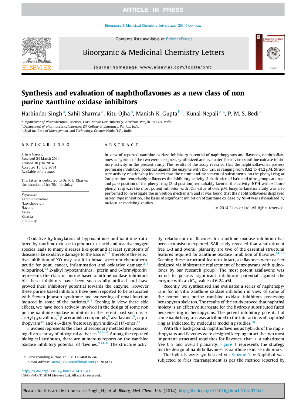 Synthesis and evaluation of naphthoflavones as a new class of non purine xanthine oxidase inhibitors