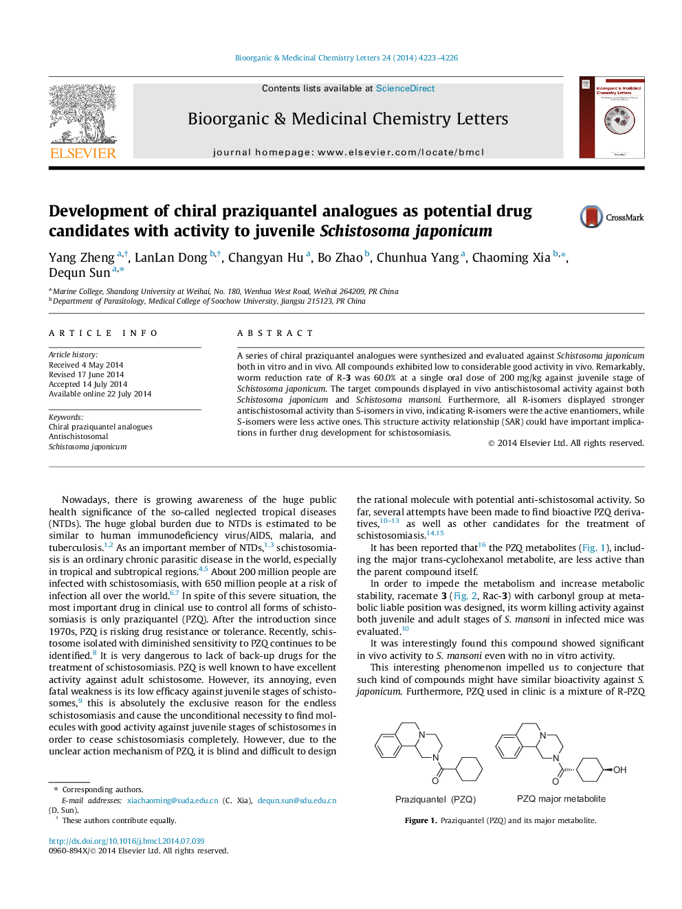 Development of chiral praziquantel analogues as potential drug candidates with activity to juvenile Schistosoma japonicum