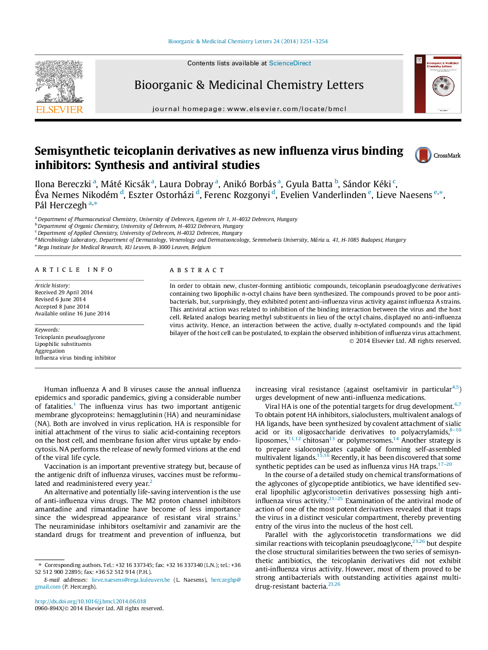 Semisynthetic teicoplanin derivatives as new influenza virus binding inhibitors: Synthesis and antiviral studies