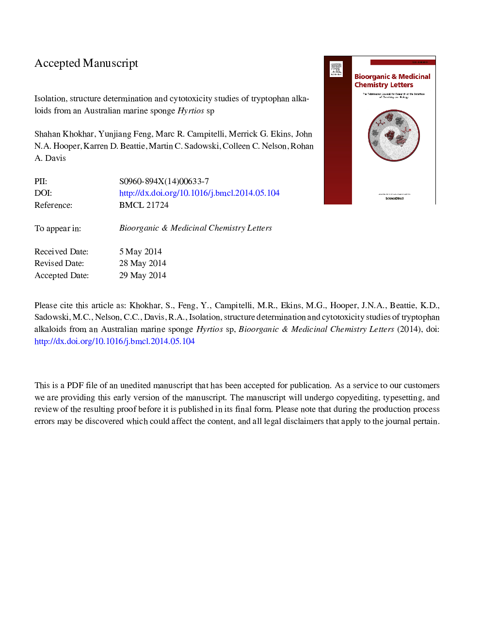 Isolation, structure determination and cytotoxicity studies of tryptophan alkaloids from an Australian marine sponge Hyrtios sp.