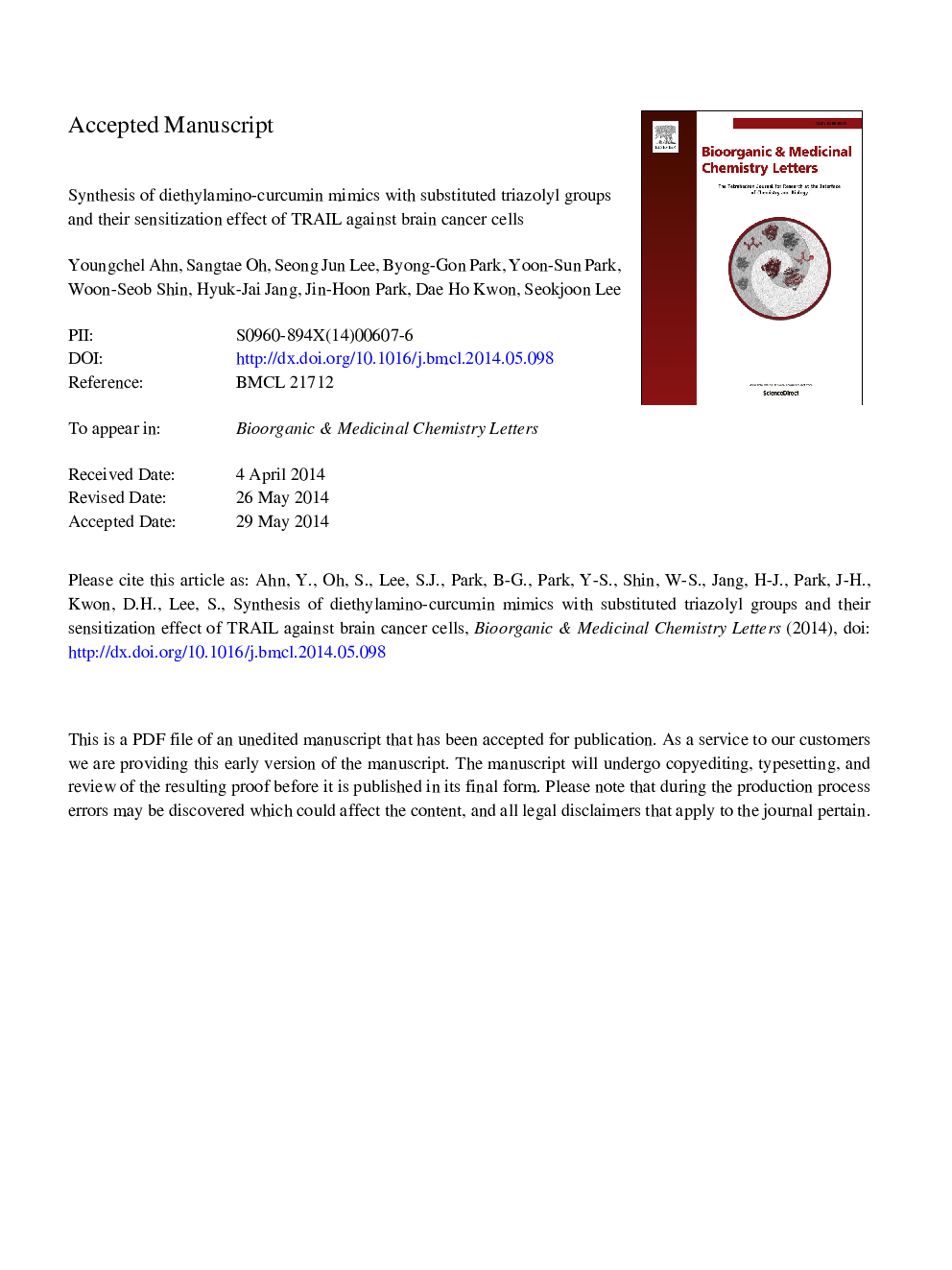 Synthesis of diethylamino-curcumin mimics with substituted triazolyl groups and their sensitization effect of TRAIL against brain cancer cells