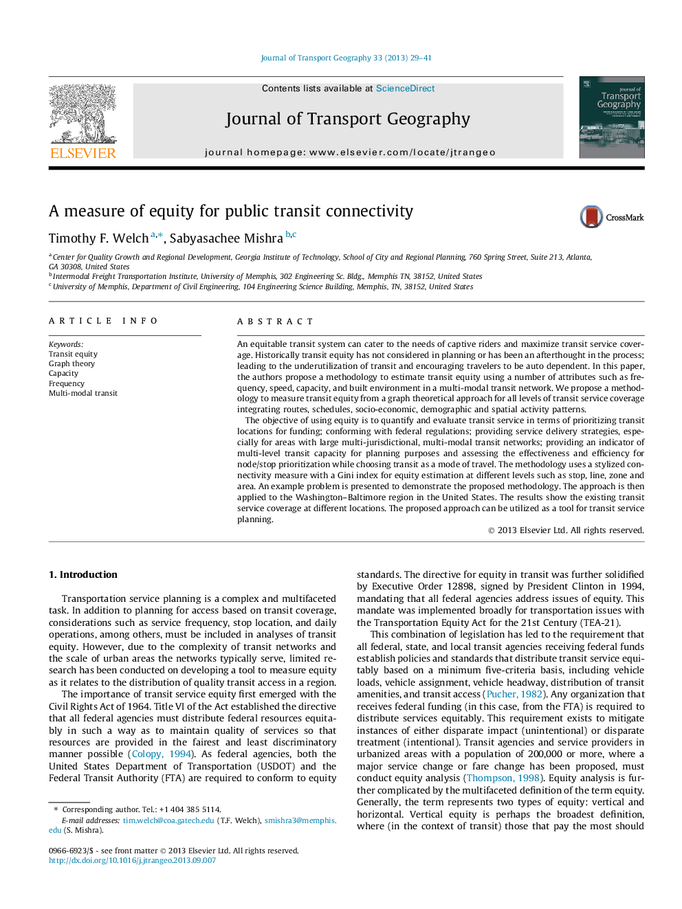 A measure of equity for public transit connectivity