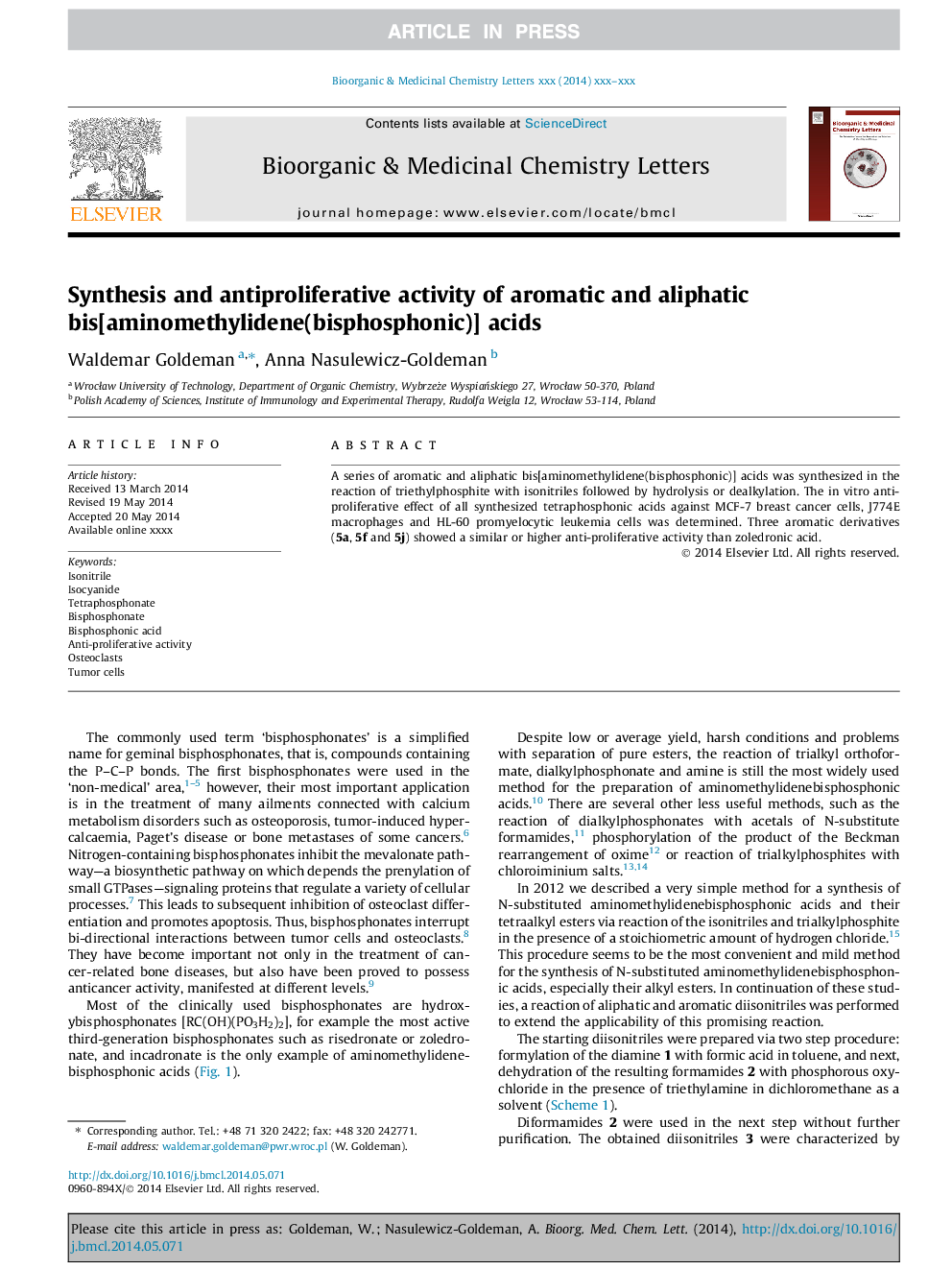 Synthesis and antiproliferative activity of aromatic and aliphatic bis[aminomethylidene(bisphosphonic)] acids