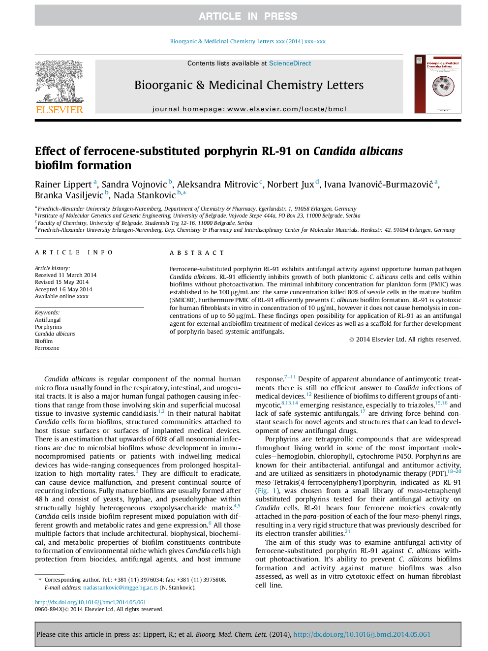 Effect of ferrocene-substituted porphyrin RL-91 on Candida albicans biofilm formation