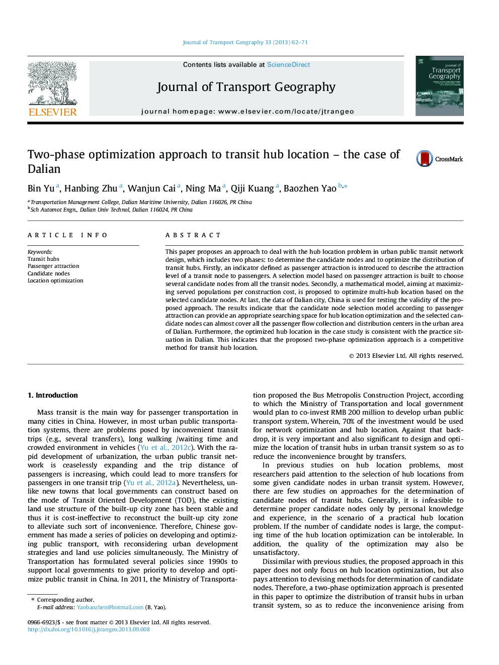 Two-phase optimization approach to transit hub location – the case of Dalian