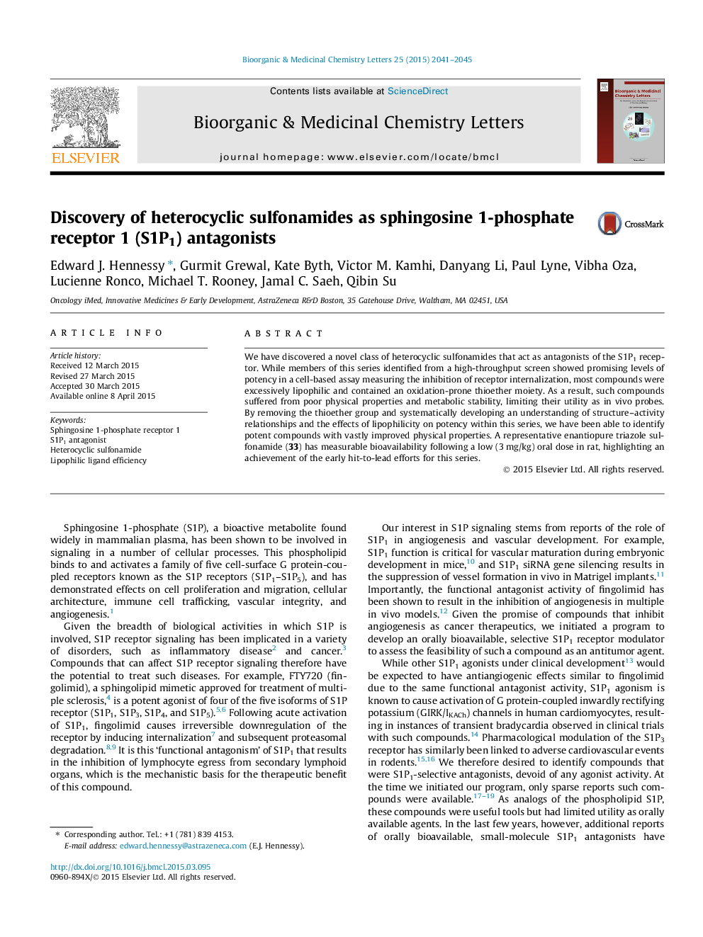 Discovery of heterocyclic sulfonamides as sphingosine 1-phosphate receptor 1 (S1P1) antagonists