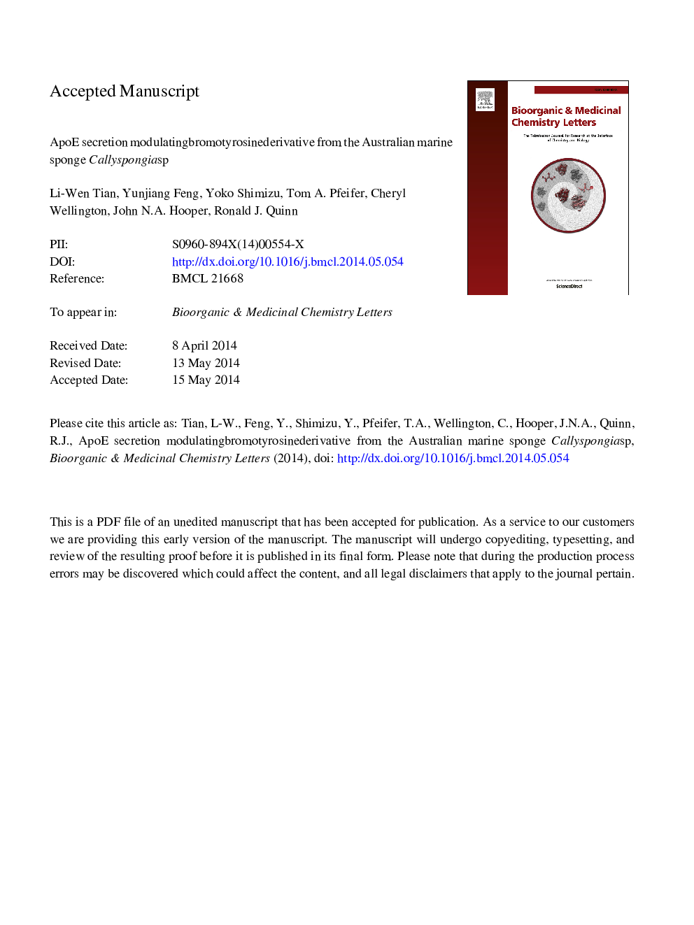 ApoE secretion modulating bromotyrosine derivative from the Australian marine sponge Callyspongia sp.