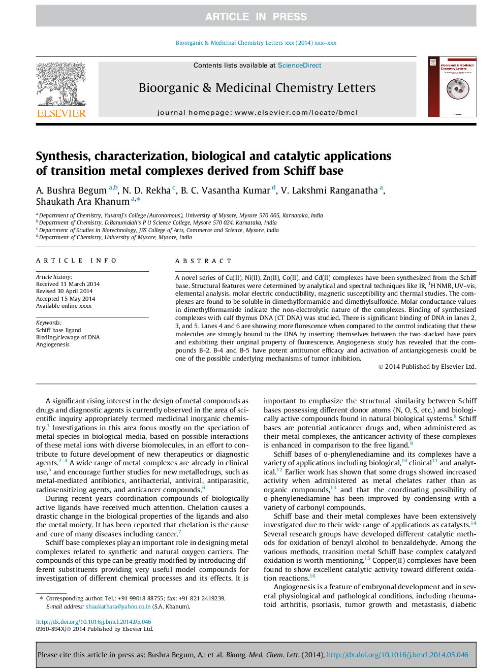 Synthesis, characterization, biological and catalytic applications of transition metal complexes derived from Schiff base