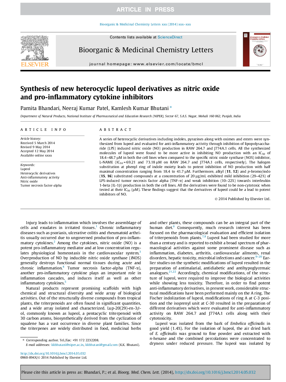 Synthesis of new heterocyclic lupeol derivatives as nitric oxide and pro-inflammatory cytokine inhibitors