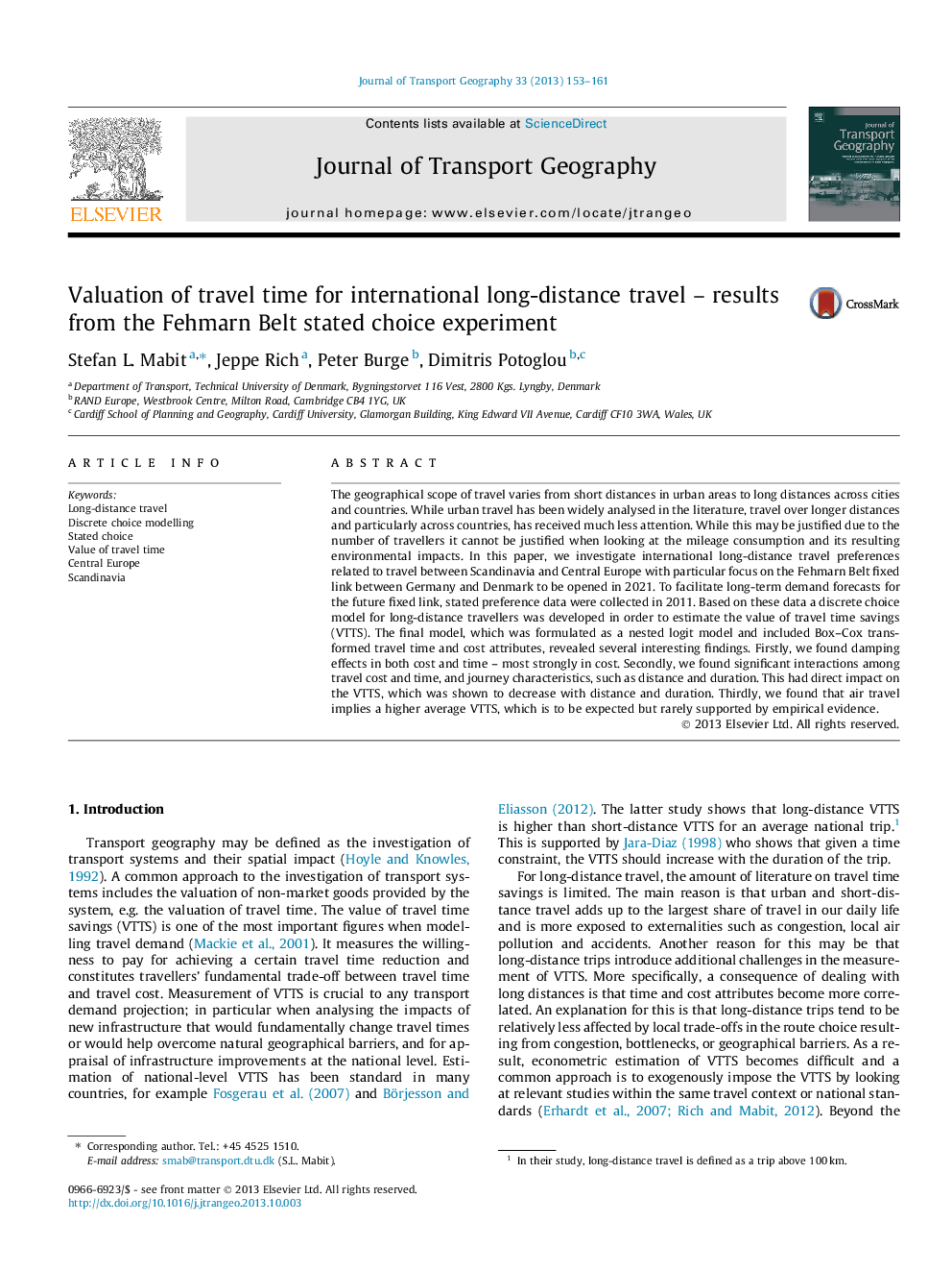 Valuation of travel time for international long-distance travel – results from the Fehmarn Belt stated choice experiment