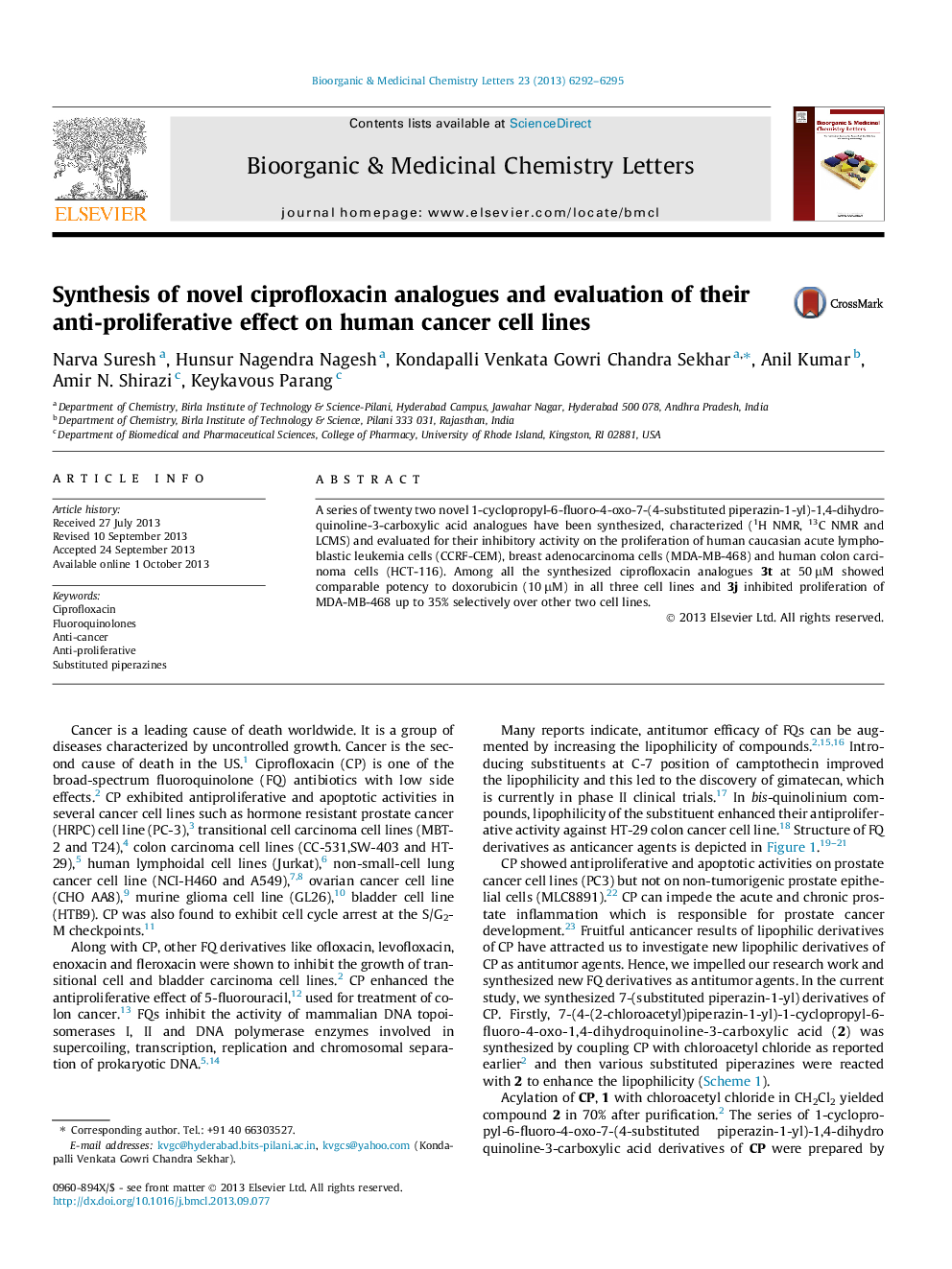 Synthesis of novel ciprofloxacin analogues and evaluation of their anti-proliferative effect on human cancer cell lines