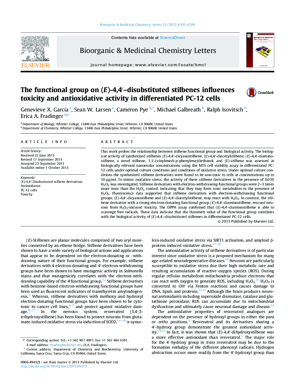 The functional group on (E)-4,4â²-disubstituted stilbenes influences toxicity and antioxidative activity in differentiated PC-12 cells