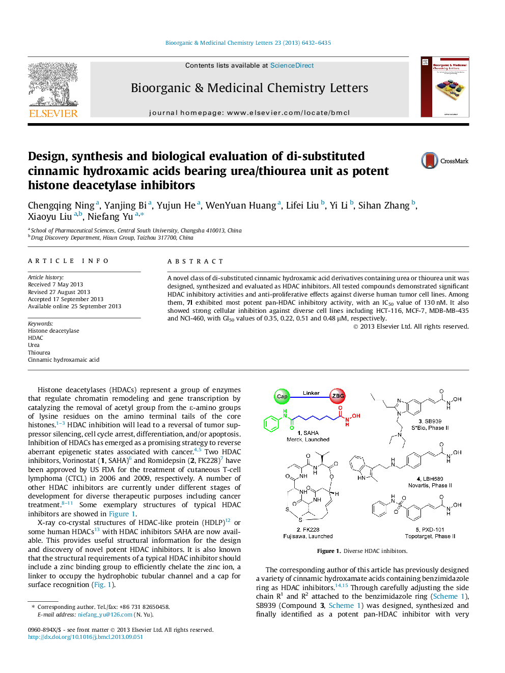 Design, synthesis and biological evaluation of di-substituted cinnamic hydroxamic acids bearing urea/thiourea unit as potent histone deacetylase inhibitors