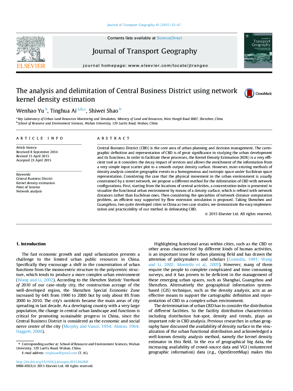 The analysis and delimitation of Central Business District using network kernel density estimation