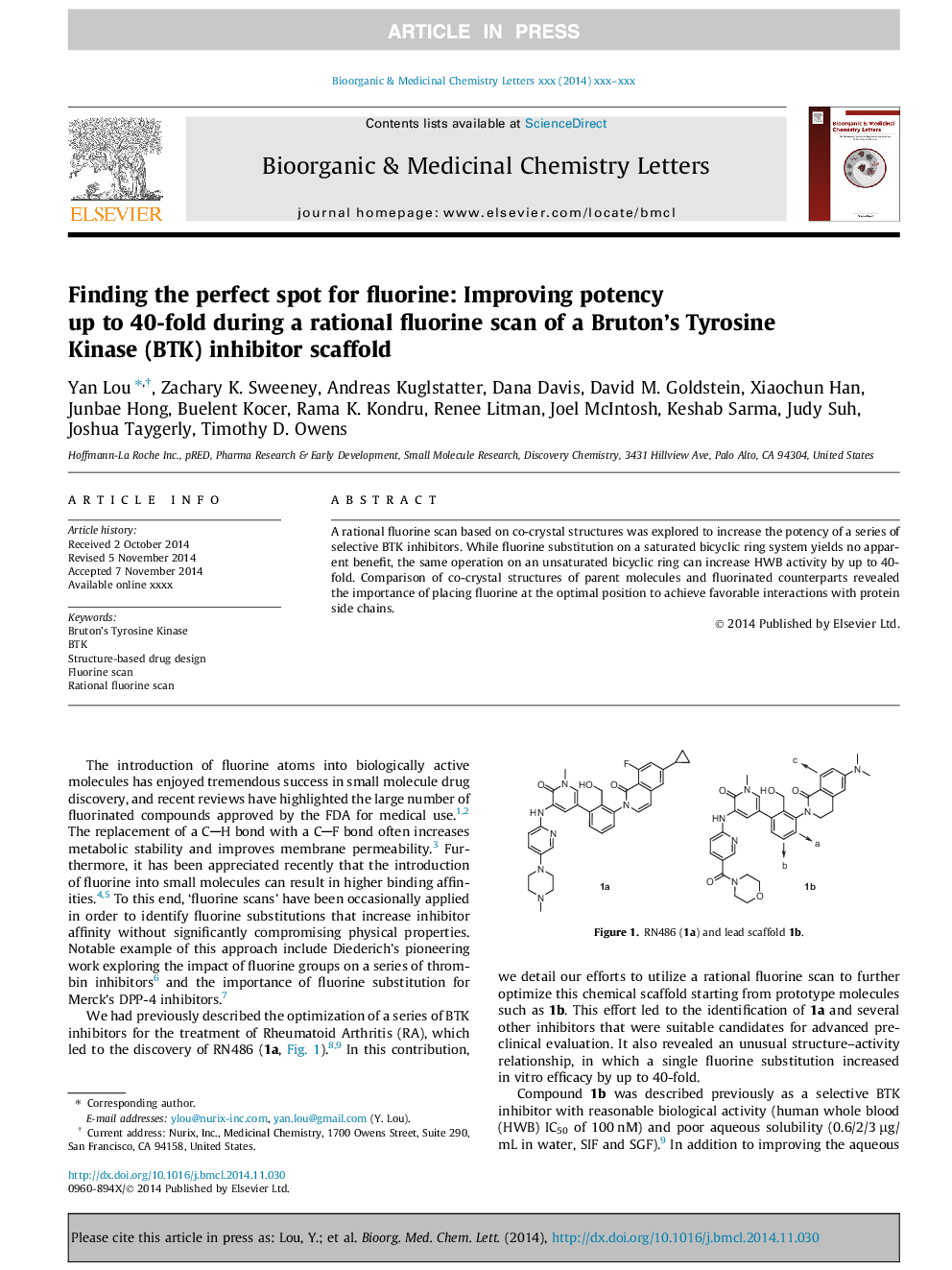 Finding the perfect spot for fluorine: Improving potency up to 40-fold during a rational fluorine scan of a Bruton's Tyrosine Kinase (BTK) inhibitor scaffold