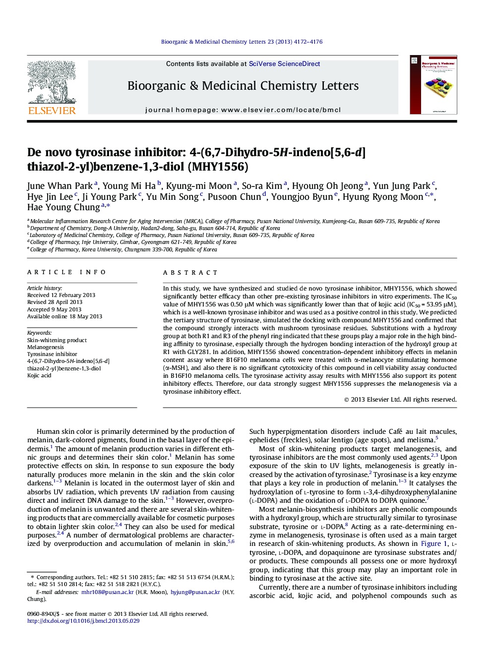 De novo tyrosinase inhibitor: 4-(6,7-Dihydro-5H-indeno[5,6-d]thiazol-2-yl)benzene-1,3-diol (MHY1556)