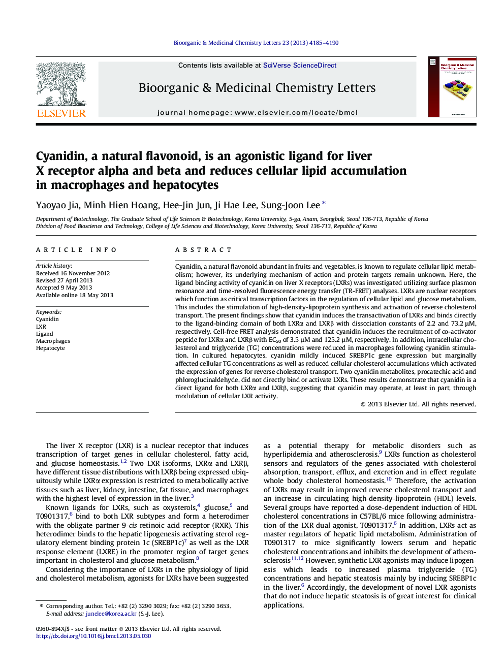 Cyanidin, a natural flavonoid, is an agonistic ligand for liver X receptor alpha and beta and reduces cellular lipid accumulation in macrophages and hepatocytes