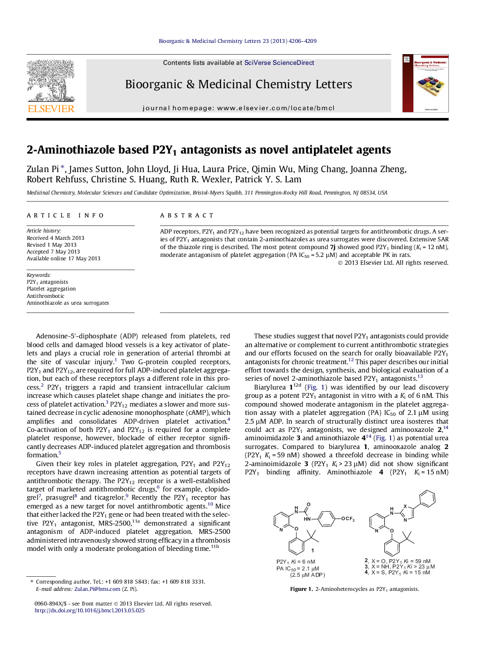 2-Aminothiazole based P2Y1 antagonists as novel antiplatelet agents