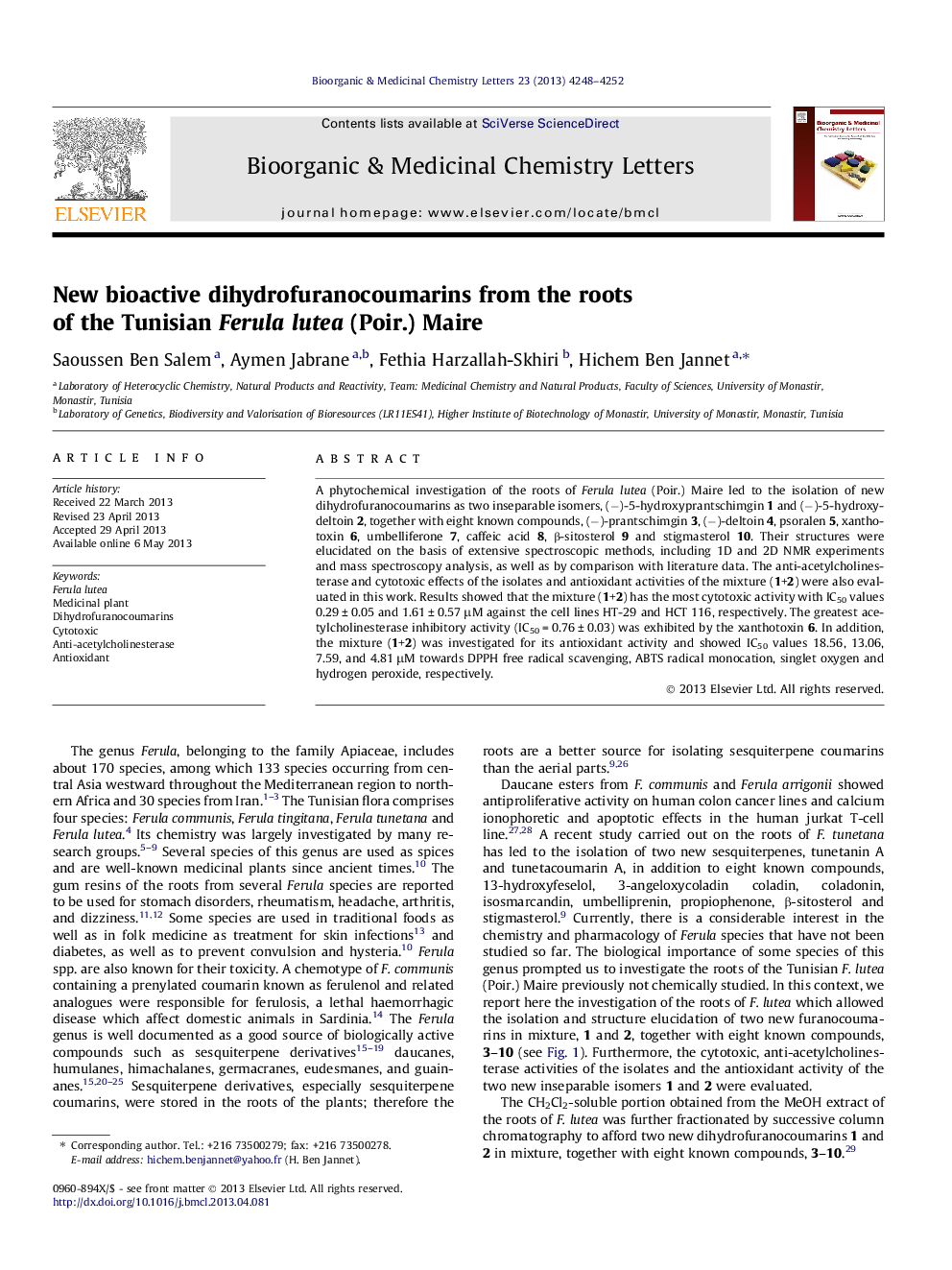 New bioactive dihydrofuranocoumarins from the roots of the Tunisian Ferula lutea (Poir.) Maire