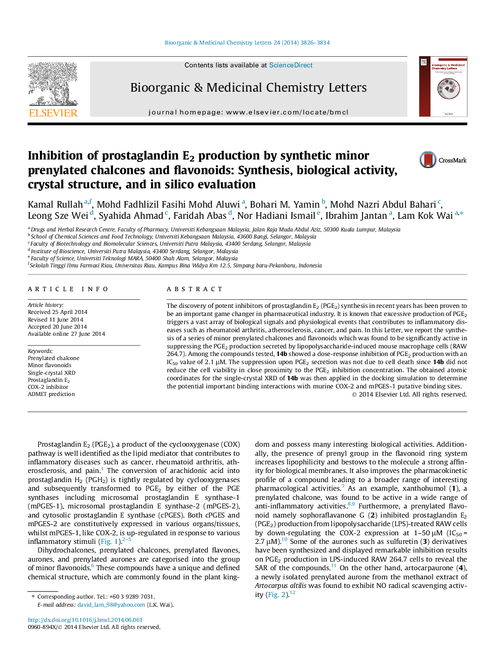 Inhibition of prostaglandin E2 production by synthetic minor prenylated chalcones and flavonoids: Synthesis, biological activity, crystal structure, and in silico evaluation