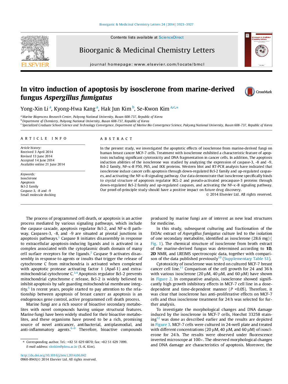 In vitro induction of apoptosis by isosclerone from marine-derived fungus Aspergillus fumigatus