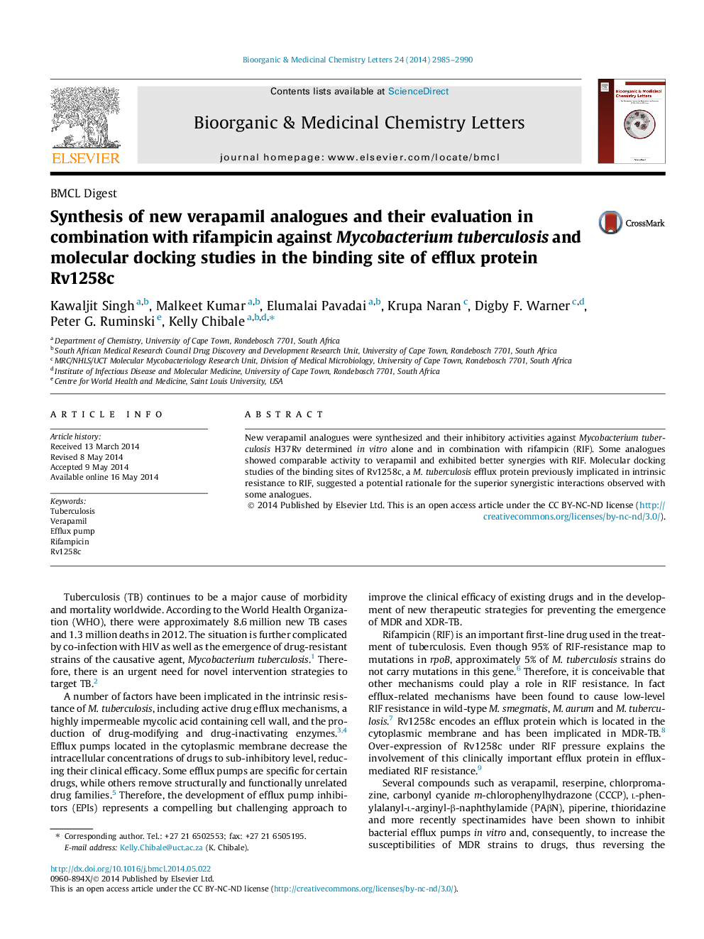 Synthesis of new verapamil analogues and their evaluation in combination with rifampicin against Mycobacterium tuberculosis and molecular docking studies in the binding site of efflux protein Rv1258c