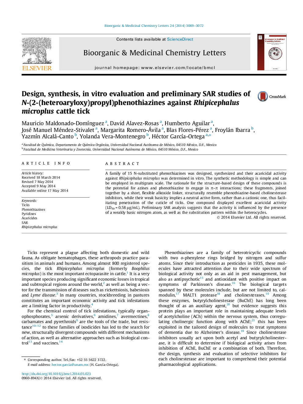 Design, synthesis, in vitro evaluation and preliminary SAR studies of N-(2-(heteroaryloxy)propyl)phenothiazines against Rhipicephalus microplus cattle tick