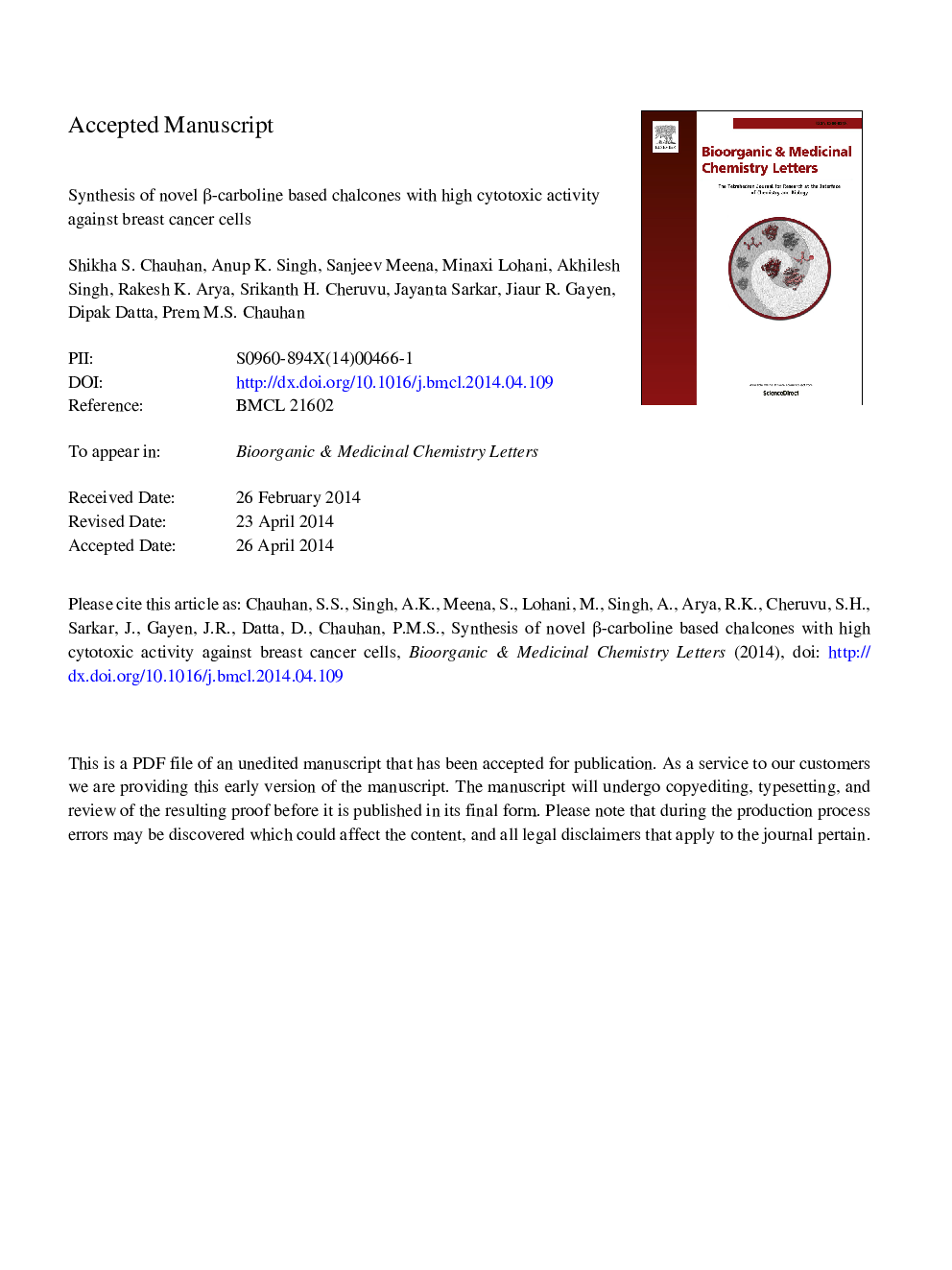 Synthesis of novel Î²-carboline based chalcones with high cytotoxic activity against breast cancer cells