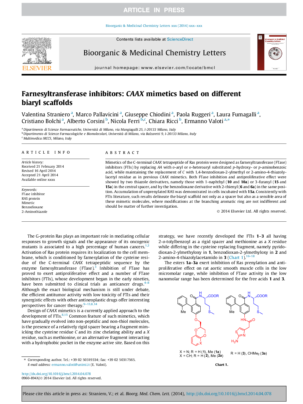 Farnesyltransferase inhibitors: CAAX mimetics based on different biaryl scaffolds