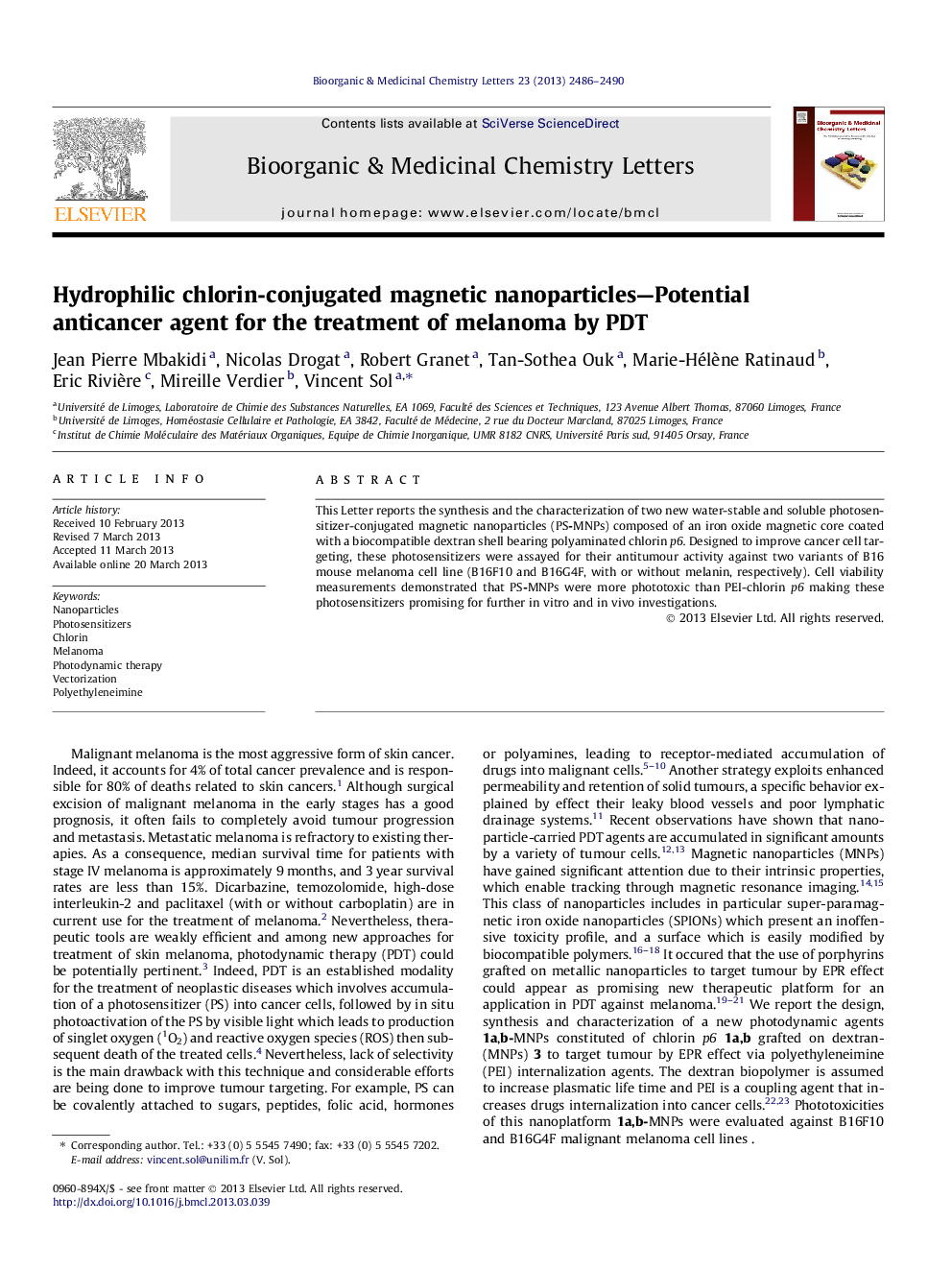 Hydrophilic chlorin-conjugated magnetic nanoparticles-Potential anticancer agent for the treatment of melanoma by PDT