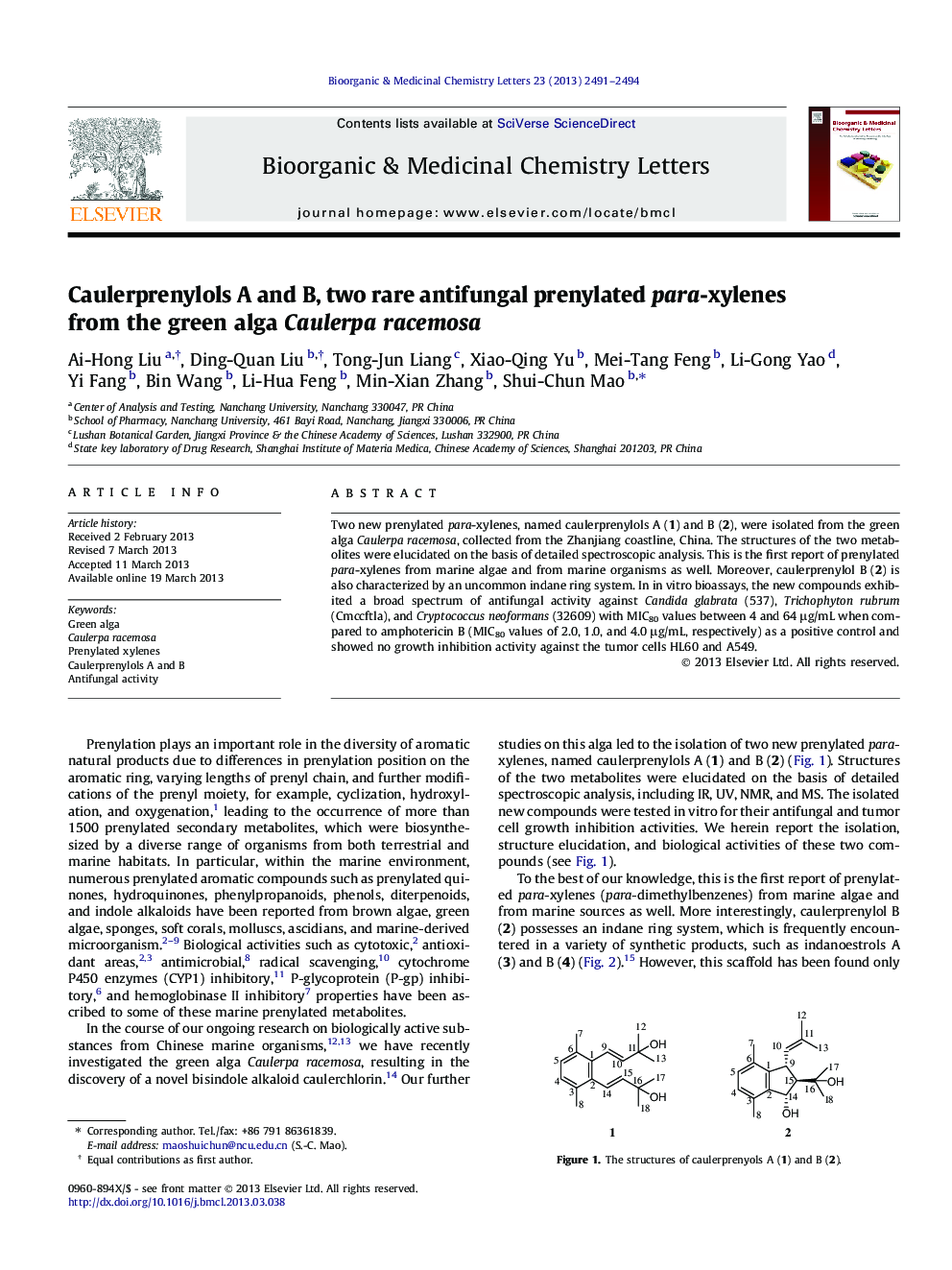 Caulerprenylols A and B, two rare antifungal prenylated para-xylenes from the green alga Caulerpa racemosa