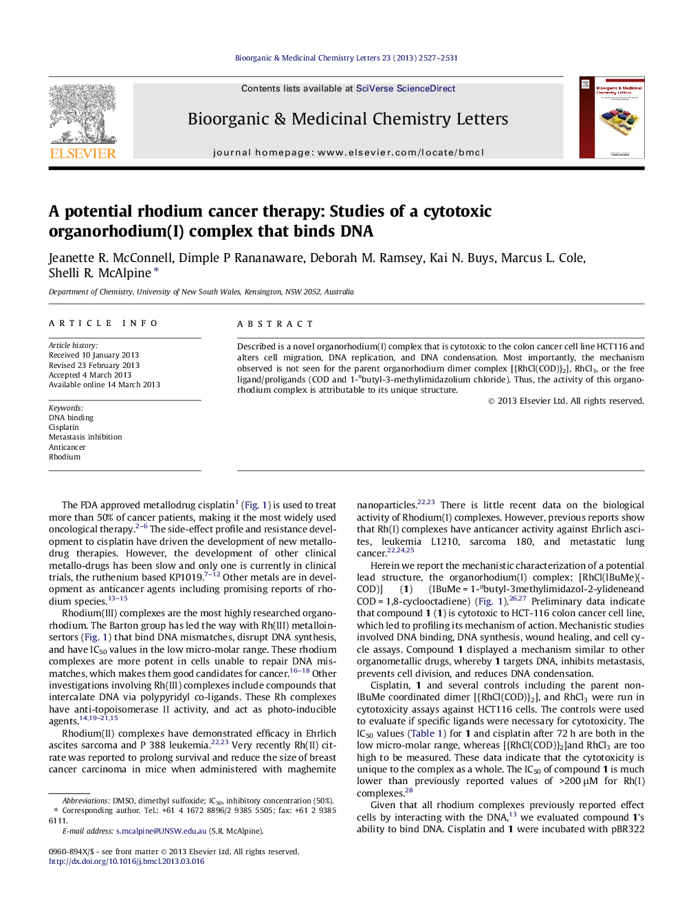 A potential rhodium cancer therapy: Studies of a cytotoxic organorhodium(I) complex that binds DNA