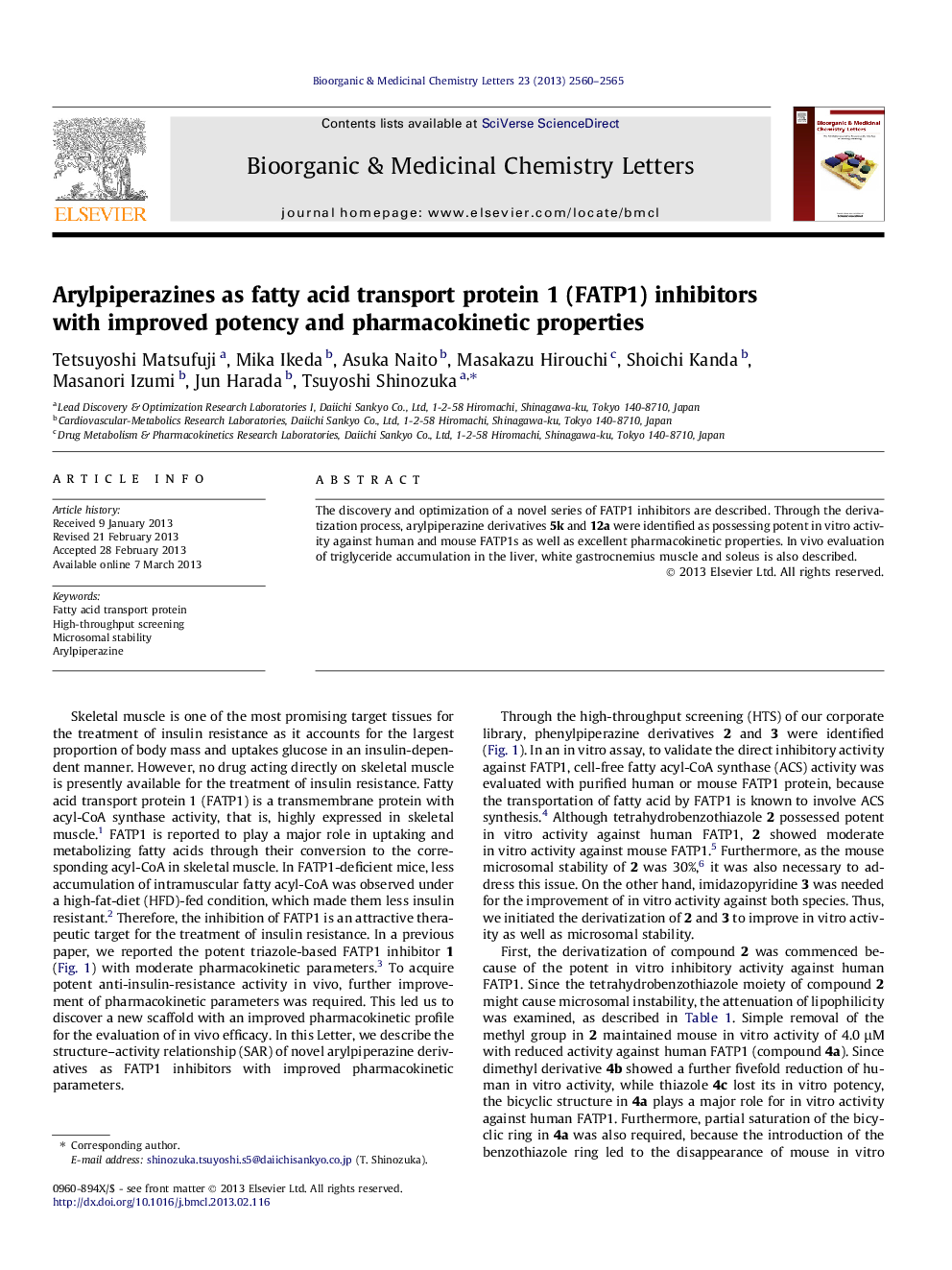 Arylpiperazines as fatty acid transport protein 1 (FATP1) inhibitors with improved potency and pharmacokinetic properties