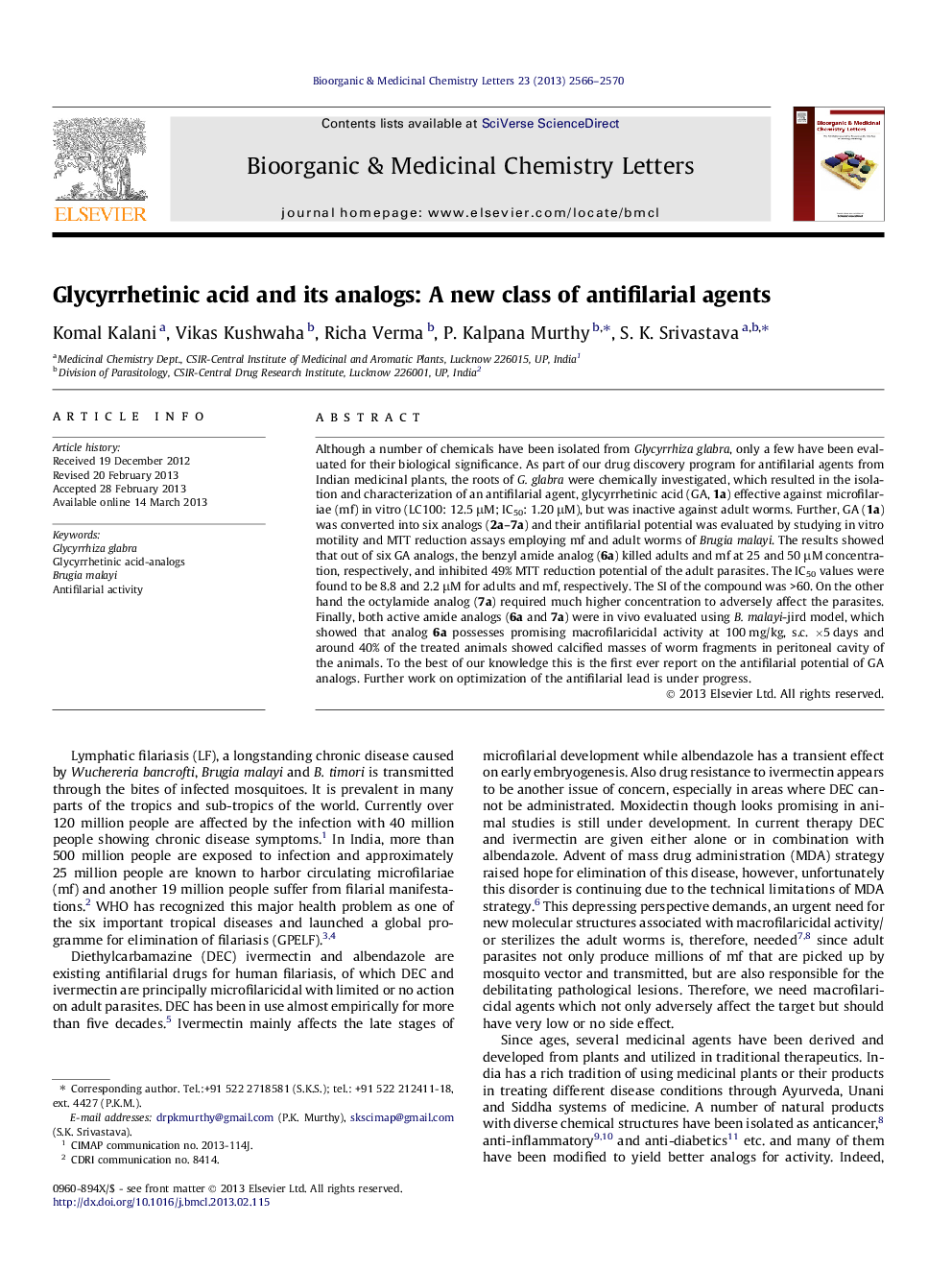 Glycyrrhetinic acid and its analogs: A new class of antifilarial agents