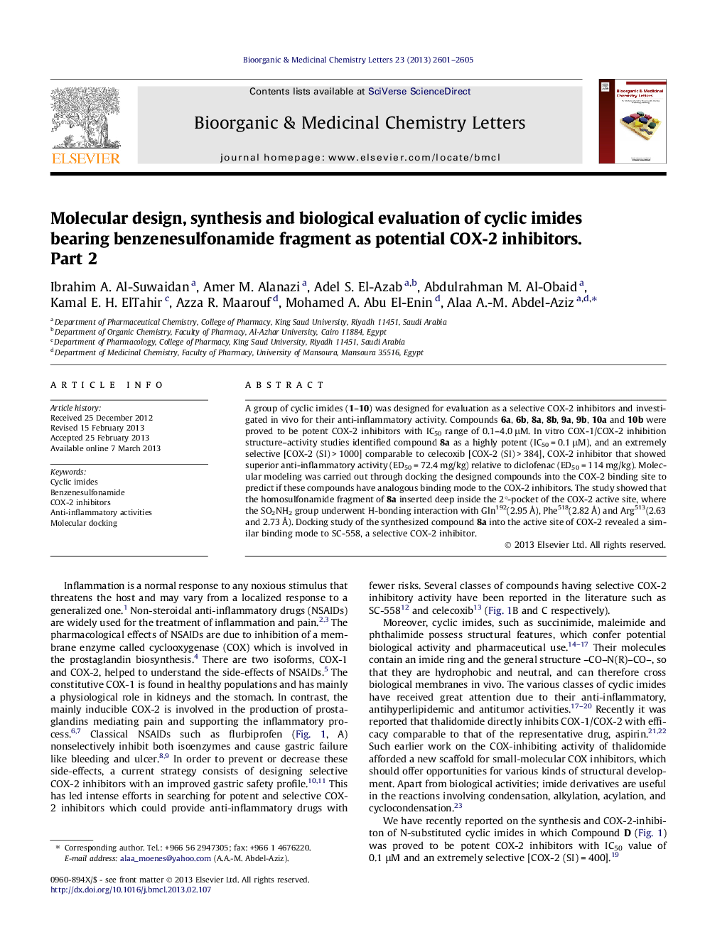 Molecular design, synthesis and biological evaluation of cyclic imides bearing benzenesulfonamide fragment as potential COX-2 inhibitors. Part 2