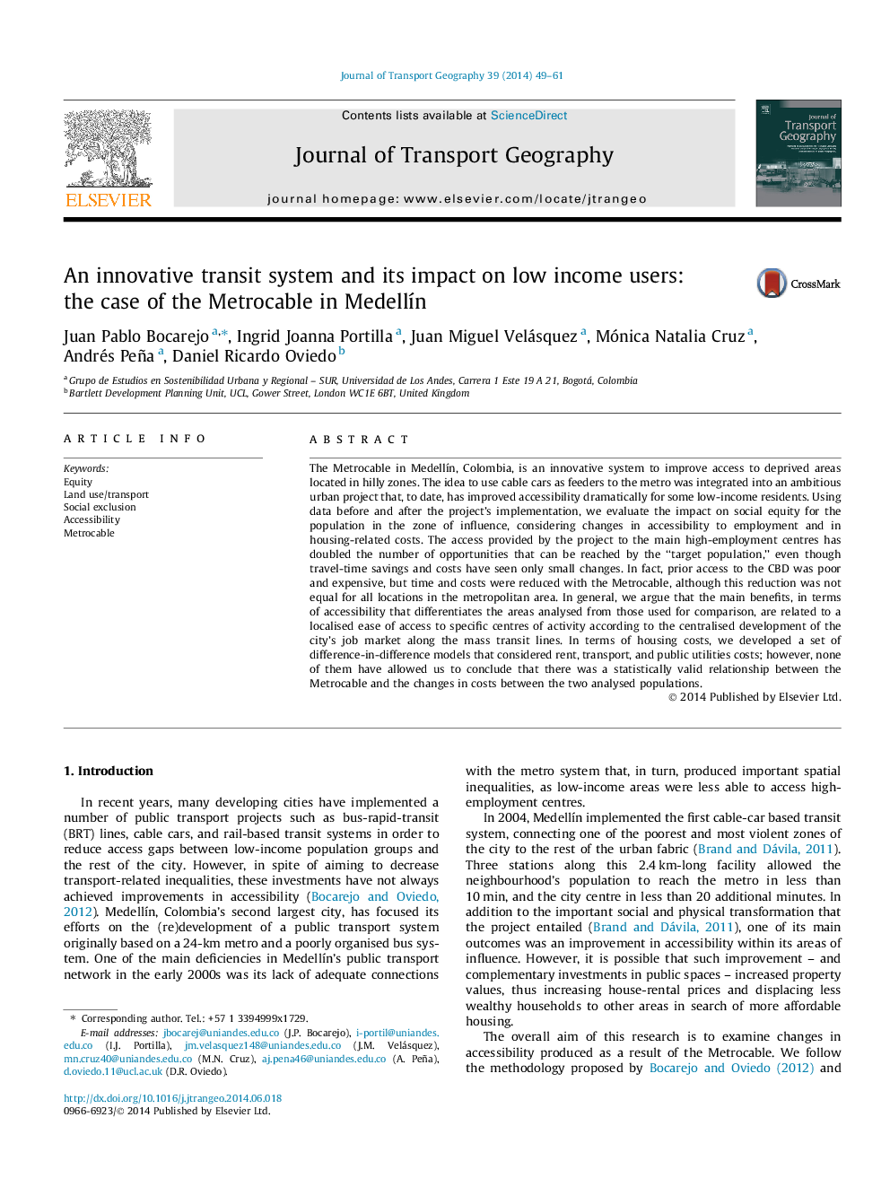 An innovative transit system and its impact on low income users: the case of the Metrocable in Medellín