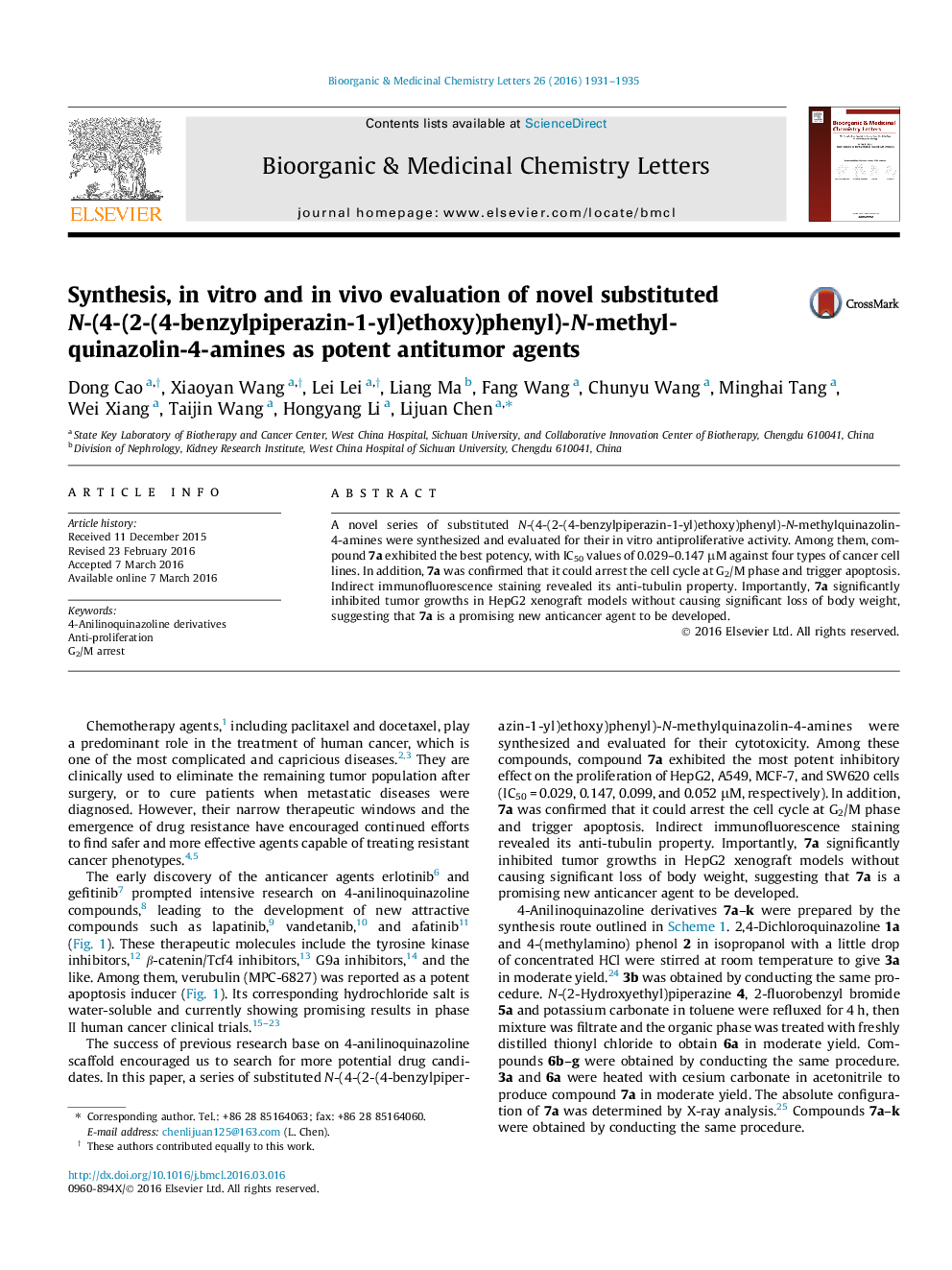 Synthesis, in vitro and in vivo evaluation of novel substituted N-(4-(2-(4-benzylpiperazin-1-yl)ethoxy)phenyl)-N-methyl-quinazolin-4-amines as potent antitumor agents