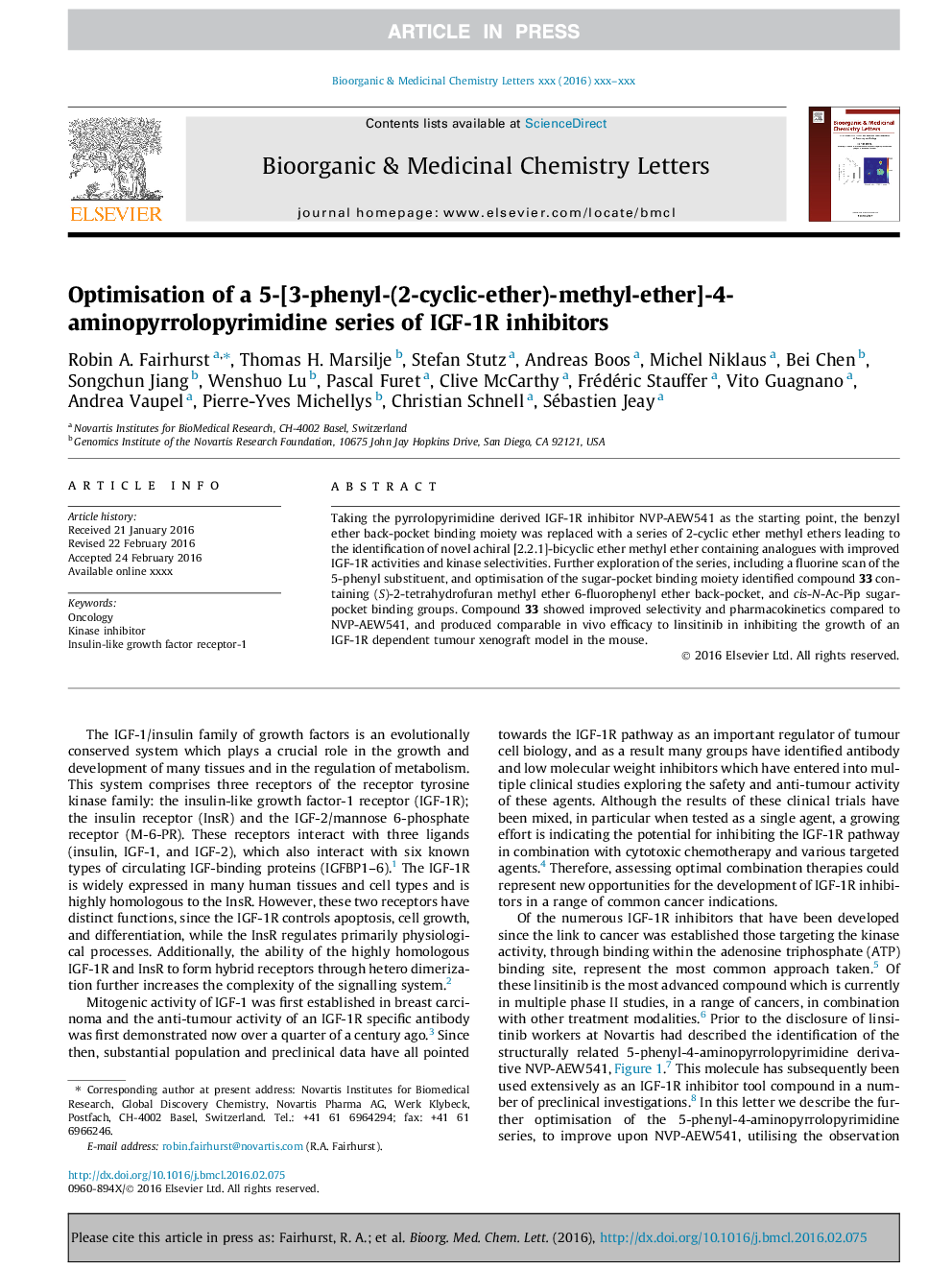 Optimisation of a 5-[3-phenyl-(2-cyclic-ether)-methyl-ether]-4-aminopyrrolopyrimidine series of IGF-1R inhibitors