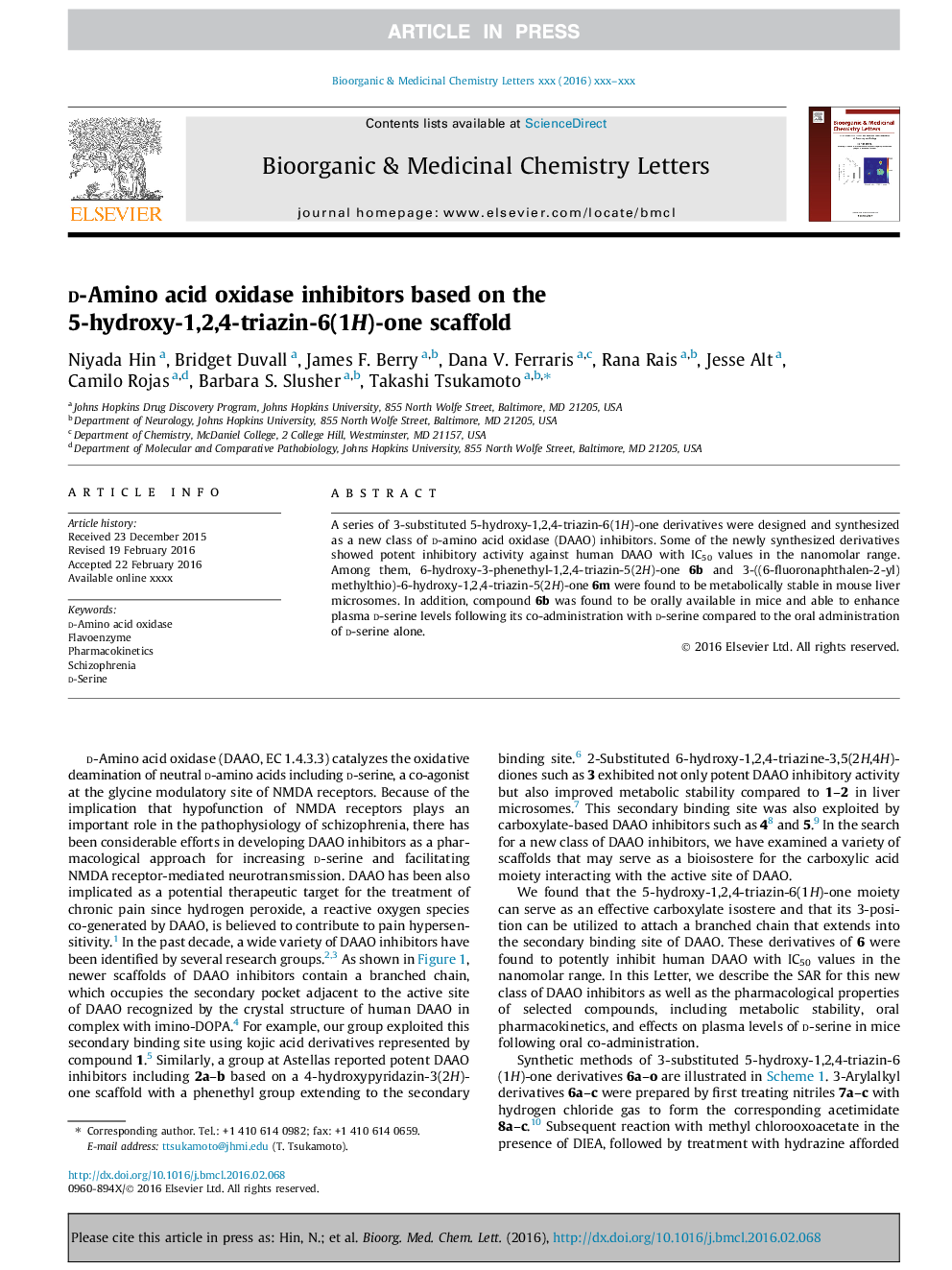 d-Amino acid oxidase inhibitors based on the 5-hydroxy-1,2,4-triazin-6(1H)-one scaffold