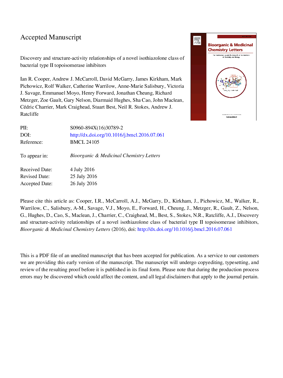 Discovery and structure-activity relationships of a novel isothiazolone class of bacterial type II topoisomerase inhibitors